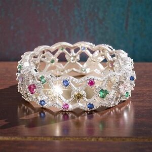 White Gold Plated Intricate Lattice Geometric Multicoloured CZ Band Ring. New.